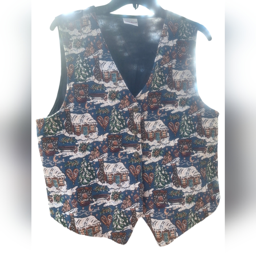 Bobbie Brooks 90s Tapestry Winter Christmas Vest Women's Large Snowy Cabin